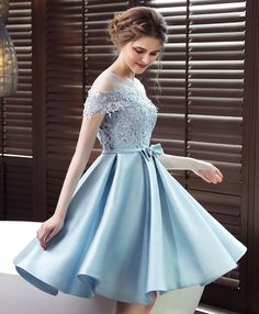 Light Blue Knee-length Dress For Banquet, Light Blue A-line Homecoming Dress, Blue Knee-length Dress For Prom Season, Light Blue Knee-length Prom Dress, Blue A-line Dress For Prom, Blue Knee-length Evening Dress For Prom, Knee-length Blue Evening Dress For Prom, Blue A-line Midi Dress For Prom Season, Blue Short Sleeve Dress For Homecoming