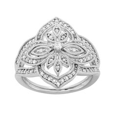 An intricate floral motif decorated with diamonds provides alluring appeal to this ring. Add a dazzling touch to your ensembles wearing this sterling silver ring. Comes in a gift box. An intricate floral motif decorated with diamonds provides alluring appeal to this ring. Add a dazzling touch to your ensembles wearing this sterling silver ring. Comes in a gift box.  Width: .84 in. Metal: rhodium-plated sterling silverDIAMOND DETAILS Total weight: 3/8 ct. Shape: round Setting: prong Color grade: Right Hand Rings For Women, Hand Rings, Silver Flower Ring, Silver Cocktail, Flower Engagement Ring, Right Hand Rings, Diamond Cocktail Rings, White Jewelry, Sterling Silver Flowers