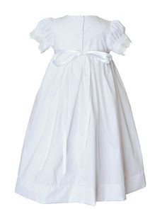 * ----------------------------------------------------- * Blessed Celebration proudly carries baptismal wear from Little Things Mean A Lot, the premier manufacturer of infant Christening gowns and outfits in the United States. * ----------------------------------------------------- * Dainty floral venise lace and pristine satin ribbon adorn this simply pretty day-length cotton gown. 2-piece set includes baptism gown and bonnet Color: white Fabric: 100% cotton broadcloth (a fine, tightly woven plain weave fabric with a faint rib) Venise lace trim on the dress bodice and bonnet Ribbon bow with streamers at waist Ribbon belt ties in back Christening dress length: approximately 23-24″ (depending on size) Button back closure Machine washable Handcrafted with love in the USA of imported fabrics Solid Fitted Dress For First Communion, Fitted Baptism Dress For Wedding, Classic Short Sleeve Dress For Baptism, Classic Fitted Dress For Baptism, Solid Color Ruffled Dress For Baptism, Fitted Short Sleeve Baptism Dress For First Communion, Fitted Short Sleeve First Communion Dress, Classic First Communion Dress With Lace Trim For Baptism, Classic Ruffles Baptism Dress