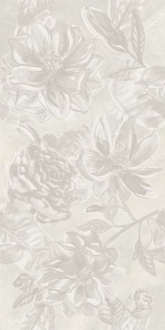 a white wallpaper with flowers and leaves on the bottom half of it, in shades of gray