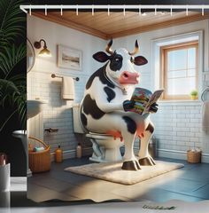 a cow sitting on top of a toilet in a bathroom