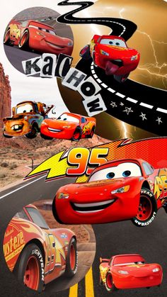 the cars are driving down the road in front of lightning bolt and other cartoon characters