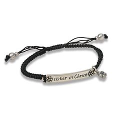 Pretty bracelet for Sister in Christ with engraved bar and dainty flower charm, a keepsake gift to share with that special friend who shares your faith, hopes and dreams. Slender braided black cord bracelet is adjustable, finished with silver bead tips; bracelet bar is .25 wide; for Christian women of all ages. A unique Christian gift. Adjustable Nickel-free Sterling Silver Friendship Bracelets, Personalized Silver Braided Bracelets For Friendship, Adjustable Engraved Braided Bracelet For Friendship, Silver Adjustable Friendship Bracelets, Adjustable Engraved Braided Friendship Bracelets, Adjustable Sterling Silver Friendship Bracelets, Adjustable Sterling Silver Braided Bracelet, Nickel-free, Silver Braided Bracelet With Adjustable Length For Friendship, Inspirational Adjustable Silver Name Bracelet