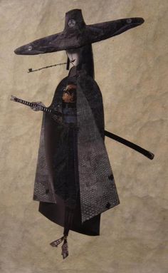 a woman dressed in black holding two swords and wearing a hat with an elaborate design on it