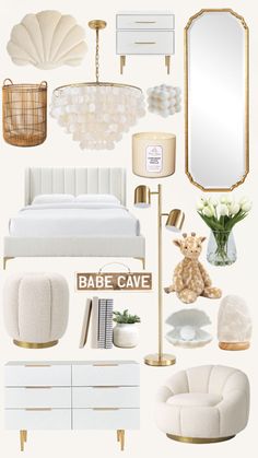 a collage of white and gold bedroom furniture, including a bed, chair, mirror, lamp, table, dresser, vase with flowers on it