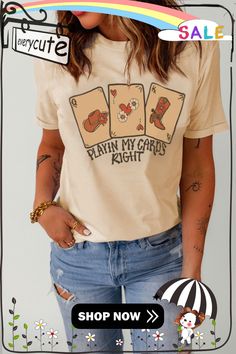 Khaki Poker Cards Letter Graphic Print Crew Neck T Shirt Tops Graphic, Poker Cards, Top Graphic Tees, T Shirt Women, Women Tops, Shirt Women, Poker, Graphic Prints, Neck T Shirt