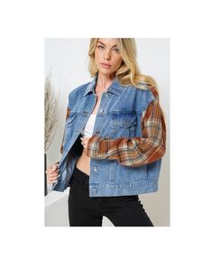 NEW Boho Vintage Western Plaid Flannel Shirt Washed Denim Jacket Jean Shacket - Color: Med Wash Denim/Brown Rust - Vintage faded look - Button front closure - 2 Buttoned flap chest pockets - Drop shoulder long sleeves - 90% Cotton 10% Polyester Size S 2/4: Bust 33-34 Waist 25-26 Hips 35-36 Size M 6/8: Bust 35-36 Waist 27-28 Hips 37-38 Size L 10/12: Bust 37-38 Waist 29-30 Hips 39-40 Size chart is for body measurements and provided as a guide. Please message for the actual garment measurements if Trendy Fall Denim Jacket With Pockets, Fall Relaxed Fit Denim Blue Outerwear, Trendy Denim Jacket With Pockets For Fall, Casual Denim Shacket For Fall, Fall Denim Blue Cotton Outerwear, Denim Blue Cotton Outerwear For Fall, Casual Fall Denim Jacket With Long Sleeves, Denim Shacket For Fall, Fall Casual Long Sleeve Denim Jacket