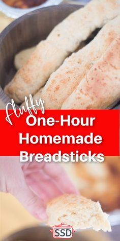 bread sticks are being cooked in a skillet with the words, fluffy one - hour homemade breadsticks