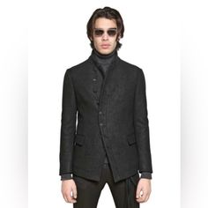 John Varvatos Leather Effect Cutaway Jacket. Runway Piece! Any Varvatos Fanatic Needs To Have This One! Size Eu 48 Us 38 Brand New Without Tags. $2198 Black Tweed Jacket For Semi-formal Winter Occasions, Designer Leather Jacket With Notch Lapel For Fall, Designer Black Outerwear With Concealed Placket, Designer Pea Coat With Notch Lapel, Luxury Black Outerwear With Concealed Placket, Designer Black Outerwear With Hidden Button Closure, Designer Winter Blazer With Double Button Closure, Designer Black Outerwear With Hidden Buttons, Designer Black Wool Blazer