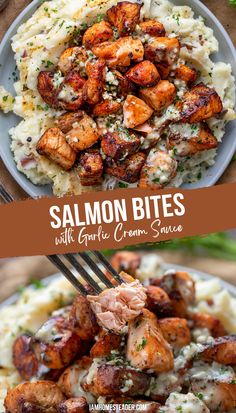 A plate of mashed potatoes with salmon bites on top. Cubed Salmon, Salmon Filets, Air Fryer Salmon, Salmon Bites, Garlic Cream Sauce, Natural Diet, Health Dinner, Fish Dinner, God Mat