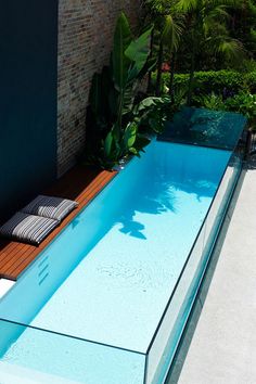 an image of a swimming pool in the middle of a yard with plants and trees