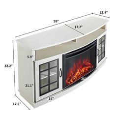 a white entertainment center with a fire in the fireplace and measurements for each piece on display