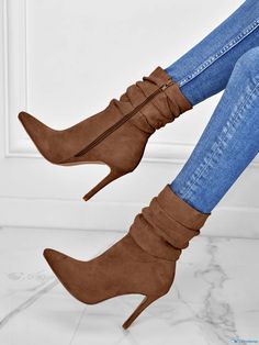 OrcaJump - Refined Pleated Stiletto Heel Mid-Calf Fashion Boots Slouchy Boots, Super High Heels, Zipper Boots, Elegant Shoes, Ankle Strap Pumps, Pointed Toe Heels, Heel Boots, Mid Calf Boots, Rubber Heels