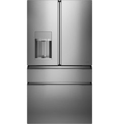 a stainless steel refrigerator freezer with water dispenser on the front and bottom