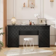 a white and black desk in a room