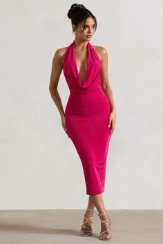 Raleigh Hot Pink Cowl-Neck Midi Dress – Club L London - USA Pink V-neck Halter Dress For Night Out, Pink Backless Halter Dress For Formal Events, Pink V-neck Halter Dress For Date Night, Pink Elegant Halter Dress For Party, Elegant Pink Halter Dress For Party, Glamorous Fitted Cowl Neck Dresses, Fitted Halter Dress For Dinner, Elegant Fitted V-neck Halter Dress, Elegant Party Midi Dress With Cowl Neck