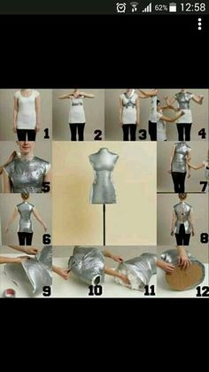 the instructions to make a silver dress with metal foil on it, and how to wear it