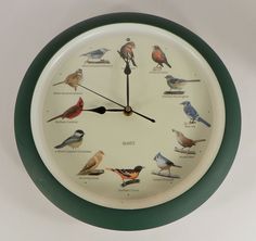 a green and white clock with birds painted on it's face in different colors