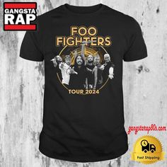 foo fighters tour shirt with the band on it's back in black and gold