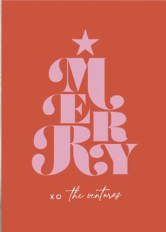 a christmas card with the words merry and a star on it in pink, against an orange background