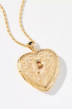 Monogram Heart Locket Necklace | Anthropologie Gold-tone Gold Plated Locket Necklace Gift, Gold Heart Pendant Locket Necklace With Hallmark, Elegant Medallion Locket Necklace For Valentine's Day, Gold-tone Locket Necklace, Personalized Vintage Gold-plated Jewelry, Elegant Locket Necklace With Hallmark For Mother's Day, Personalized Vintage Gold Plated Jewelry, Gold Locket Necklace With Hallmark For Mother's Day, Gold Locket Necklace For Mother's Day