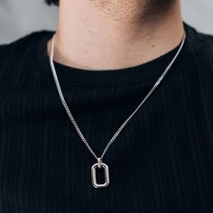 Silver Oval Rectangle Pendant Necklace 3mm Curb Chain For Men or Women - Pendant Necklace - Boutique Wear RENN Rectangular Stainless Steel Necklace With Polished Finish, Minimalist Stainless Steel Rectangular Chain Necklace, Minimalist Rectangular Stainless Steel Chain Necklace, Silver Tarnish Resistant Chain Necklace With Rectangular Links, Silver Tarnish-resistant Chain Necklace With Rectangular Links, Modern Chain Necklace With Oval Pendant For Everyday, Modern Everyday Chain Necklace With Oval Pendant, Rectangular Silver Necklaces For Everyday Use, Modern Oval Pendant Chain Necklace For Everyday