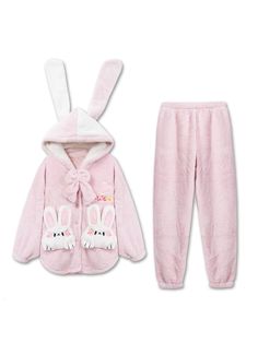 Pink Bunny Cozy Dreamy Winter Flannel Pajama Set-ntbhshop Comfortable Long Sleeve Winter Sets, Cozy Long Sleeve Sleep Sets, Comfortable Lounging Sets For Winter, Winter Cotton Sleepwear For Lounging, Cozy Pink Loungewear Sets, Cozy Spring Sleepwear For Pajama Party, Cozy Winter Sleepover Sets, Cozy Pink Sets For Pajama Party, Winter Sets With Long Sleeves For Sleepover