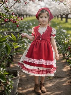 ✿ABOUT THIS DRESS ✓Our handmade delightful 4-piece girls' set, designed to enchant and captivate ✓This set includes a charming white cotton dress with cherry patterns, short sleeves, and a full skirt with a tutu for added flair. The dress is lined with soft cotton for optimal comfort. ✓Completing the ensemble are a head cover, vest, and apron, all beautifully crafted from luxurious red silk alpaca fabric. ✿FABRIC INFORMATION ✓Natural cotton lining 100% under the skirt, tutu, lace, terry cotton f Red Headscarf, Alpaca Fabric, Apron Pinafore, Cherry Print Dress, Toddler Photoshoot, Toddler Photos, Under The Skirt, Picnic Dress, White Cotton Dress