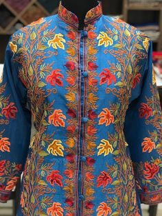 Jacket, Long Jacket, Embroidered Jacket for Woman, Kashmiri Jacket, Turquoise Kashmir Jacket, Embroi Spring Workwear Kurta With Resham Embroidery, Spring Resham Embroidery Kurta For Workwear, Fitted Long Sleeve Outerwear With Set-in Sleeves, Spring Sets With Embroidered Long Sleeves, Embroidered Fitted Front Open Sets, Fitted Blue Outerwear With Chikankari Embroidery, Long Fall Wedding Outerwear, Embroidered Cotton Nehru Jacket For Formal Occasions, Fitted Outerwear With Floral Embroidery And Stand Collar