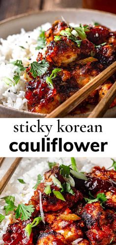 sticky korean cauliflower served with rice and chopsticks