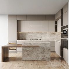 a modern kitchen with marble counter tops and white cabinets, along with wooden flooring