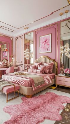 a bedroom with pink walls and gold trimmings on the bed, mirrored dressers and mirror