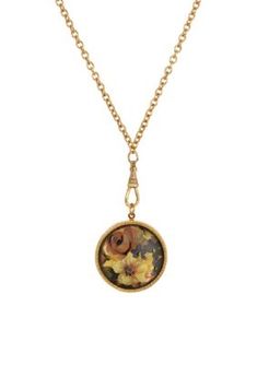 Featuring a vibrant array of multicolor floral glass encased in a locket pendant, this necklace exudes vintage charm. Suspended from a 14K gold-dipped linking chain, it offers a touch of timeless elegance to any ensemble. | 1928 Jewelry 14K Gold Dipped Floral Locket Necklace Vintage Charm Yellow Gold Flower Pendant Necklace, Gold Necklaces With Detachable Pendant For Collectors, Vintage Yellow Gold Jewelry With Detachable Pendant, Vintage Locket Necklace With Round Pendant, Vintage Locket Necklace With Lobster Clasp, Vintage Necklace With Detachable Round Pendant, Vintage Flower Pendant Necklace Keepsake, Vintage Flower Pendant Necklace For Keepsake, Vintage Flower Pendant Keepsake Necklace