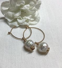 ⚜️14KT Gold Filled hoop & Pearl drop earrings ⚜️Here I have for sale a beautiful pair of 14KT Gold  filled earrings, with cultured freshwater potato pearls. ⚜️The hoops measure 25mm and the pearls are 10mm diameter, total length from top of hoop to bottom of pearl drop, measures 40mm. I have lightly hammered the Gold filled wire, to give them a lightly textured surface. ⚜️These are beautiful quality Cultured Freshwater Pearls with a natural textured surface and beautiful lustre, the perfect addi White Hoop Jewelry For Anniversary, Nickel-free White Hoop Earrings For Anniversary, Handmade White 14k Gold Filled Hoop Earrings, Handmade 14k Gold Filled White Hoop Earrings, White Wire Wrapped Hoop Earrings Gift, White Wire Wrapped Hoop Earrings As A Gift, White Small Hoop Earrings For Anniversary, Adjustable White Hoop Earrings For Anniversary, White Small Hoop Jewelry For Anniversary