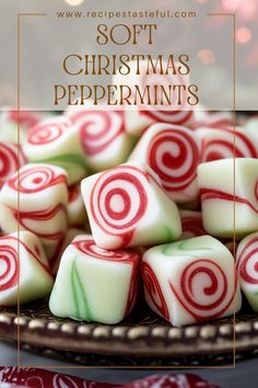 white and red peppermints on a plate with text overlay that reads soft christmas peppermints