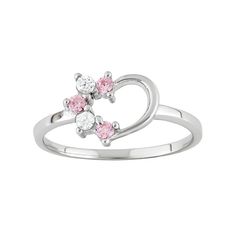 Pink and white cubic zirconia stones adorning a heart design make this kids' Junior Jewels ring a charming choice.RING DETAILS Width: 7.5 mm Size: 3 Metal: sterling silver CUBIC ZIRCONIA DETAILS Cut: round Color: white, pink Setting: prong  Size: One Size. Gender: female. Age Group: adult. Flower Engagement Ring Set, Silver Initial Ring, Promise Jewelry, Cheap Silver Rings, Silver Heart Ring, Fine Silver Jewelry, Moonstone Engagement Ring, Jewels Rings, Rings For Girls