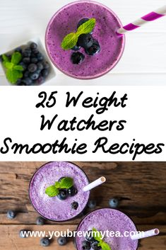 blueberry smoothie in two glasses with the text, 25 weight watchers smoothie recipes