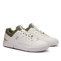 Peltz Shoes  Men's On Running The Roger Advantage Tennis Shoe White/Olive 3MD10641528 Oxford Pumps, Tennis Style, Energy Transfer, Safety Clothing, On Running, Shoe Insoles, Roger Federer, Kids Sandals, Shoe Care