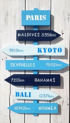 wooden directional signs are mounted on a white wood planks with the names of paris, maldives, and kyoto