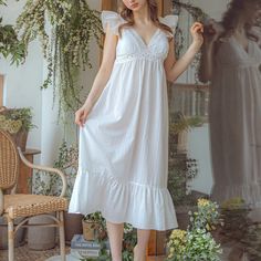 French Lace Ruffle Pajama Nightgown | Best Stylish Bedding | Ever Lasting Delicate Lace Sleepwear For Spring Bedtime, Delicate Lace Sleepwear For Spring, White Lace Patchwork Sleepwear For Loungewear, Feminine Delicate Lace Loungewear Dress, Feminine V-neck Nightgown With Lace Trim, Spring Nightgown With Delicate Lace For Loungewear, Spring Delicate Lace Nightgown For Loungewear, Elegant Cotton Nightgown For Sleepover, Feminine Lace Patchwork Sleepwear For Loungewear