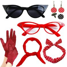 PRICES MAY VARY. 💋Packet include:2 x 50s cat eye glasses,1 x 1950s sheer chiffon scarf ,1 x 50's tiffany headband,4 x Drop Dot Earrings,2 x Gloves 💋50's accessories set:The perfect 50s retro accessories make your costume even perfect. Polka dot fancy dress retro asscessories set will allow you to perfectly restore the feminine and fashionable style of the 1950s and look elegant and attractive at party. 💋High Quality:Scarf made of chiffon fabric,silk feel and breathable, Twisty bendy banadana Retro Black Costume Accessories For Party, Black Retro Party Costume Accessories, Retro Black Party Costume Accessories, 1950 Accessories, 1950s Hair Accessories, 50s Sunglasses, 50s Accessories, 50s Earrings, 1960s Accessories