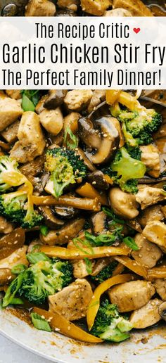 chicken stir fry with broccoli and mushrooms in a pan