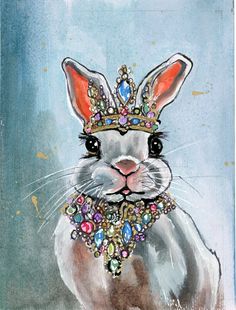 a painting of a rabbit wearing a tiara with jewels on it's head