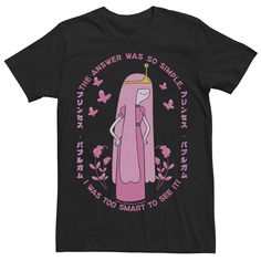 a black t - shirt with an image of a woman in pink