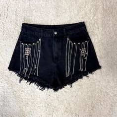 Shein Black Denim Shorts With Silvertone Fringe Size Large New Without Tags Smoke Free Home Offers Welcome Bundle And Save Cross Listed Black Denim Punk Shorts, Edgy Mid-rise Jean Shorts, Black Punk Jean Shorts For Spring, Black Punk Cutoff Shorts, Punk Style Black Cutoff Shorts, Black Denim Shorts For Night Out, Edgy Short Jeans, High Waist Rock Style Summer Bottoms, Casual Cutoff Jean Shorts For Party