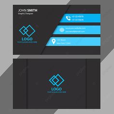 a business card with a blue and black design on the front, side and back