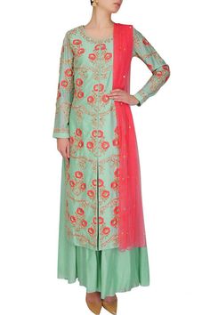 Light green color kurta set with plazzo – Panache Haute Couture Heavy Suits, Kurta Fashion, Pink Dupatta, Latest Designer Sarees, Light Green Color, Kurta Dress, Ladies Dresses, Pant Suit, Indian Attire