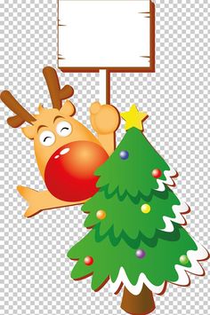 a reindeer holding a sign in front of a christmas tree with a star on it