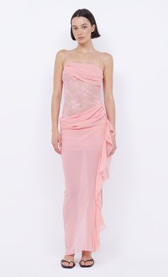 Liv Asym Dress in Pink Sherbet by Bec + Bridge Delicate Fitted Dress With Sheer Bodice, Spring Lace Evening Dress, Delicate Fitted Evening Dress, Feminine Sheer Floor-length Dress, Sheer Feminine Floor-length Dress, Delicate Evening Dress, Feminine Lace Bodice Evening Dress, Feminine Ruffled Lace Cocktail Dress, Spring Evening Dress With Lace Bodice