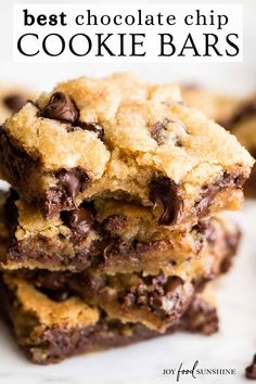 chocolate chip cookie bars stacked on top of each other with text overlay that reads best chocolate chip cookie bars